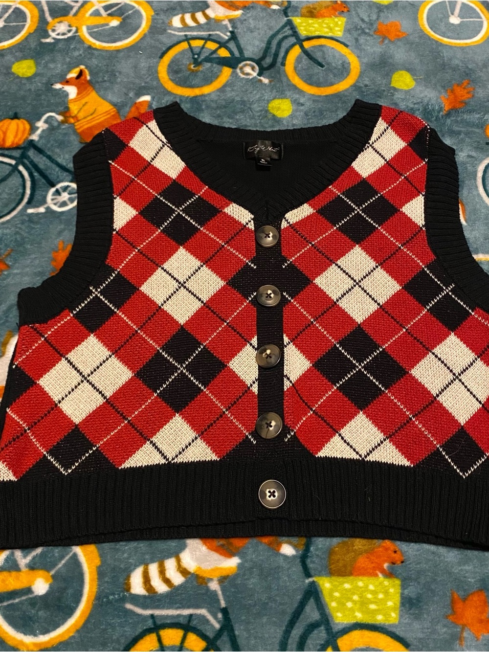 Fall Argyle V-neck Sweater Vest Black/Red/White Buttons - Say What - Women’s XL